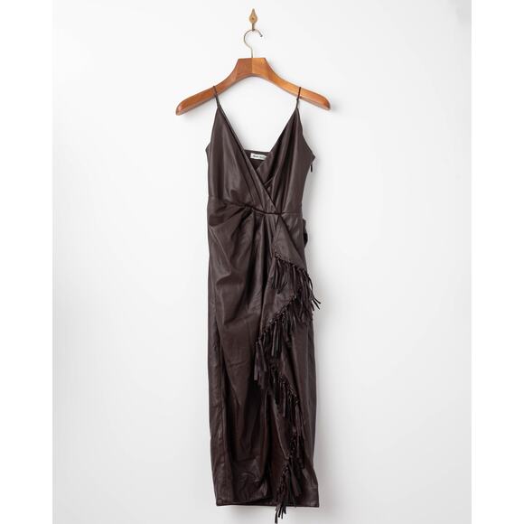 SIMKHAI Carkee Brown Faux Leather Fringe Dress Size 4 - Picture 5 of 9